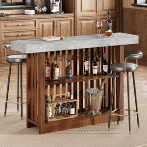 Modern Bar Table with Faux Marble Top & Storage Shelves