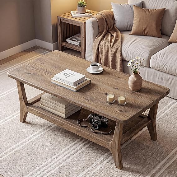Solid Wood Coffee Table with 2-Tier Shelf & Rounded Corners