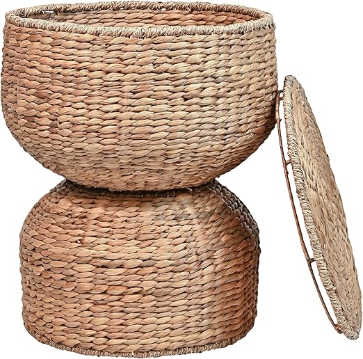 Hourglass Handwoven Hyacinth Storage Accent Table with Lid