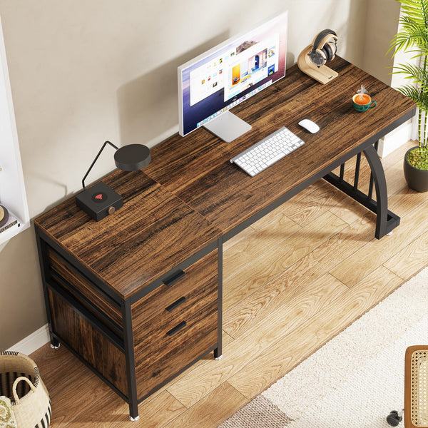 59-Inch Industrial Computer Desk with 3 Drawers and File Storage