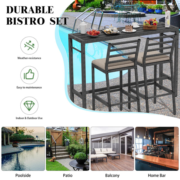 3-Piece Outdoor Patio Bar Set with Bar Table & 2 Cushioned Stools