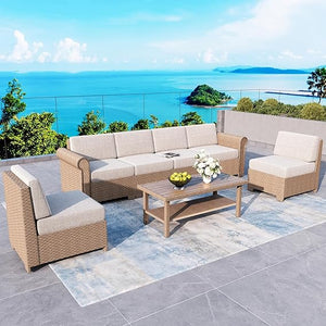 L-Shape Outdoor Wicker Sectional Sofa Set with Cushions & Coffee Table