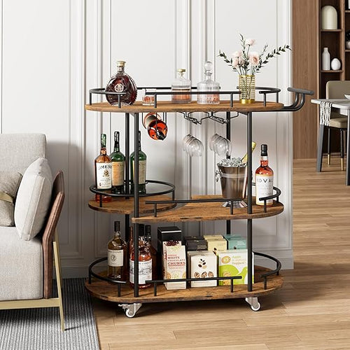 3-Tier Metal Bar Cart with Wine Rack & Glass Holder