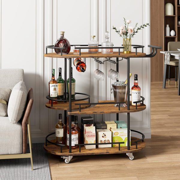 3-Tier Metal Bar Cart with Wine Rack & Glass Holder