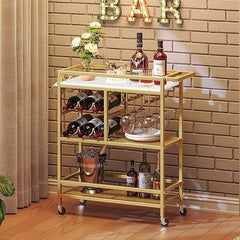 3-Tier Rolling Bar Cart with Wine Rack and Glass Holders