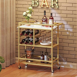 3-Tier Rolling Bar Cart with Wine Rack and Glass Holders