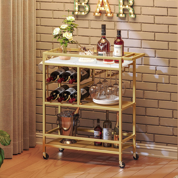 3-Tier Rolling Bar Cart with Wine Rack and Glass Holders
