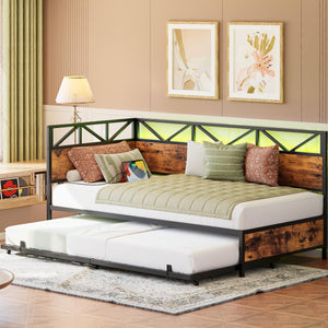 Twin Daybed with Trundle, RGB LED Lights & Charging Station