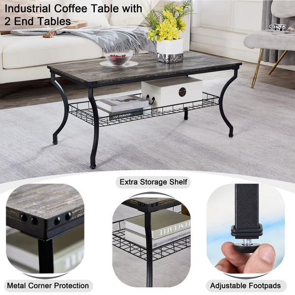 3-Piece Living Room Table Set with Storage Shelves