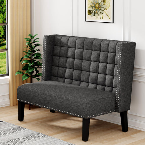 Yongqiang Modern Tufted Loveseat Settee, Upholstered Bench with Back for Kitchen Dining Room Living Room, Linen High Back Banquette Seating Sofa Couch with Wood Legs Grey