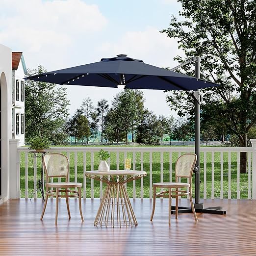 10 ft Cantilever Patio Umbrella with Solar LED Lights & 360° Rotation