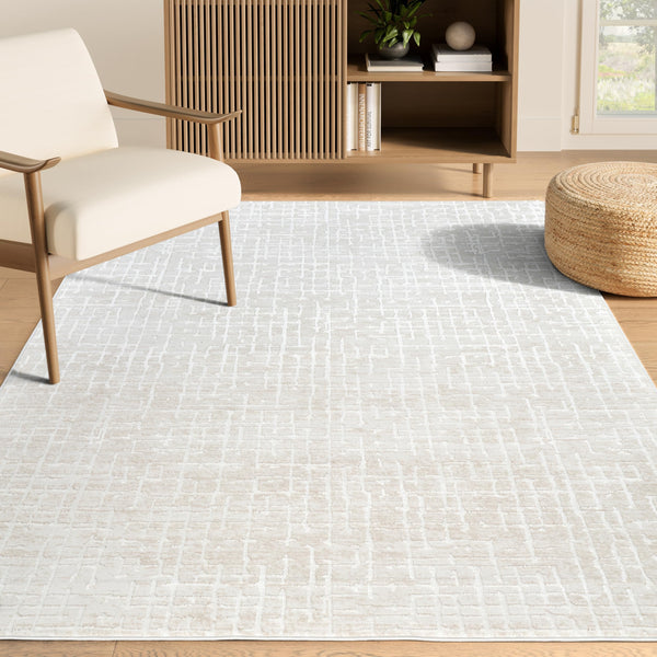 Beige Geometric Grid Area Rug – Medium Pile, Pet & Kid Friendly