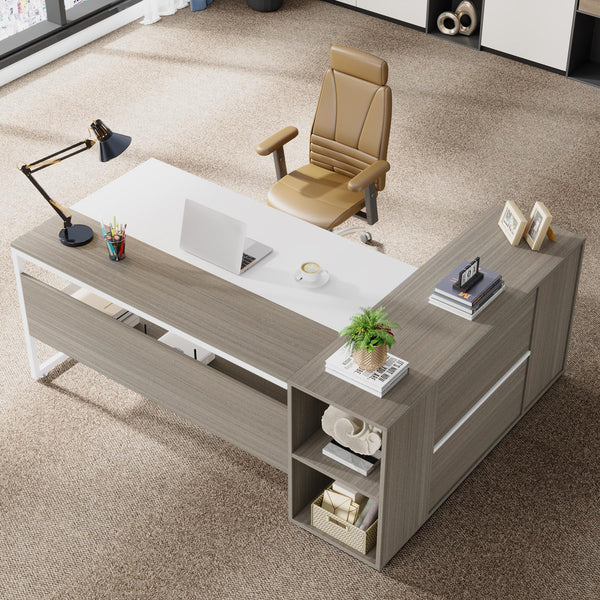 L-Shaped Executive Desk with Storage Cabinet & Shelves, 71"