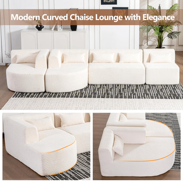 4-Piece Modular Sectional Sofa with 2 Chaise Lounges & 5 Pillows – Boucle