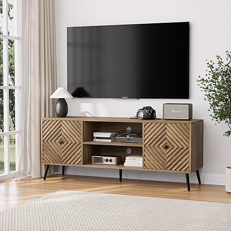 47.2-Inch Walnut TV Stand with Line Groove Design & Storage