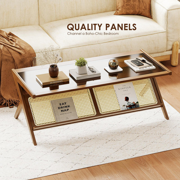 Bamboo Glass Top Coffee Table with Rattan Shelf