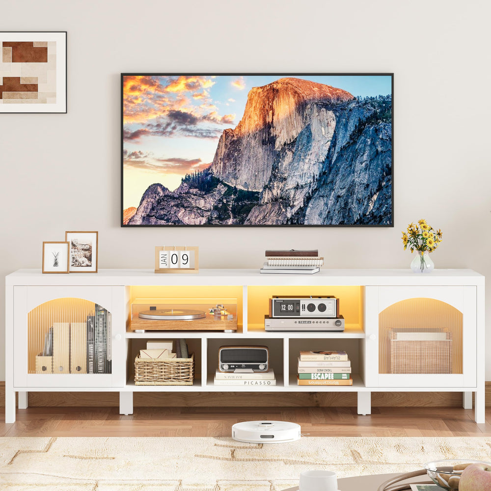 TV Stand with LED Light & Power Outlet, Arched Glass Doors
