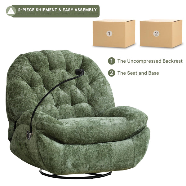 Oversized Swivel Rocker Recliner Chair with Phone Holder – Chenille Fabric, Green