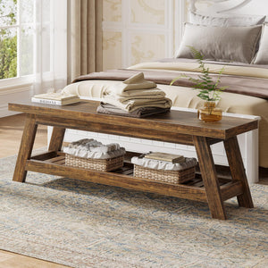 55" Wood Entryway Bench with Shoe Storage & Open Shelves