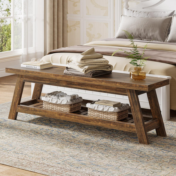 55" Wood Entryway Bench with Shoe Storage & Open Shelves