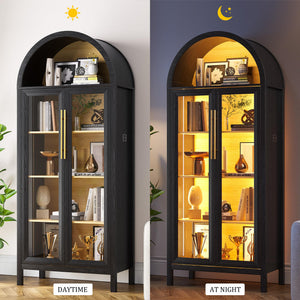 5-Tier Arched Glass Door Storage Cabinet with LED Lights – Black