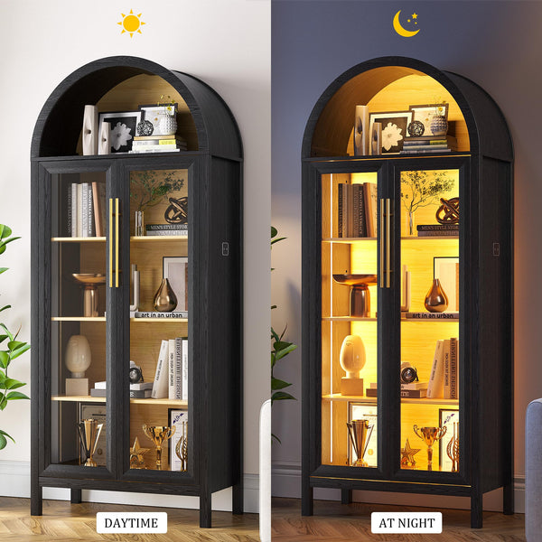 5-Tier Arched Glass Door Storage Cabinet with LED Lights – Black