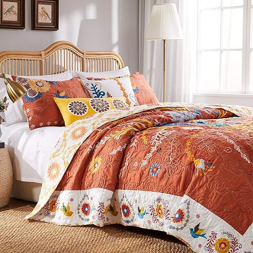 Topanga Quilted Bedspread Set – Folk Art Floral, Multiple Sizes