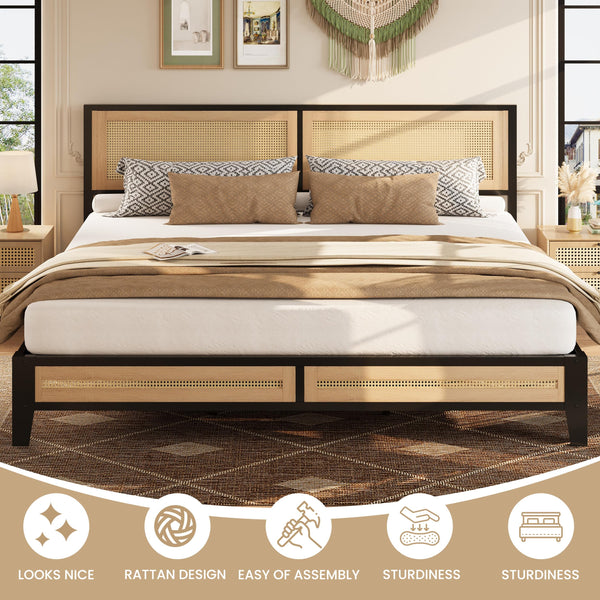 Boho Platform Bed Frame with Rattan Headboard & Underbed Storage