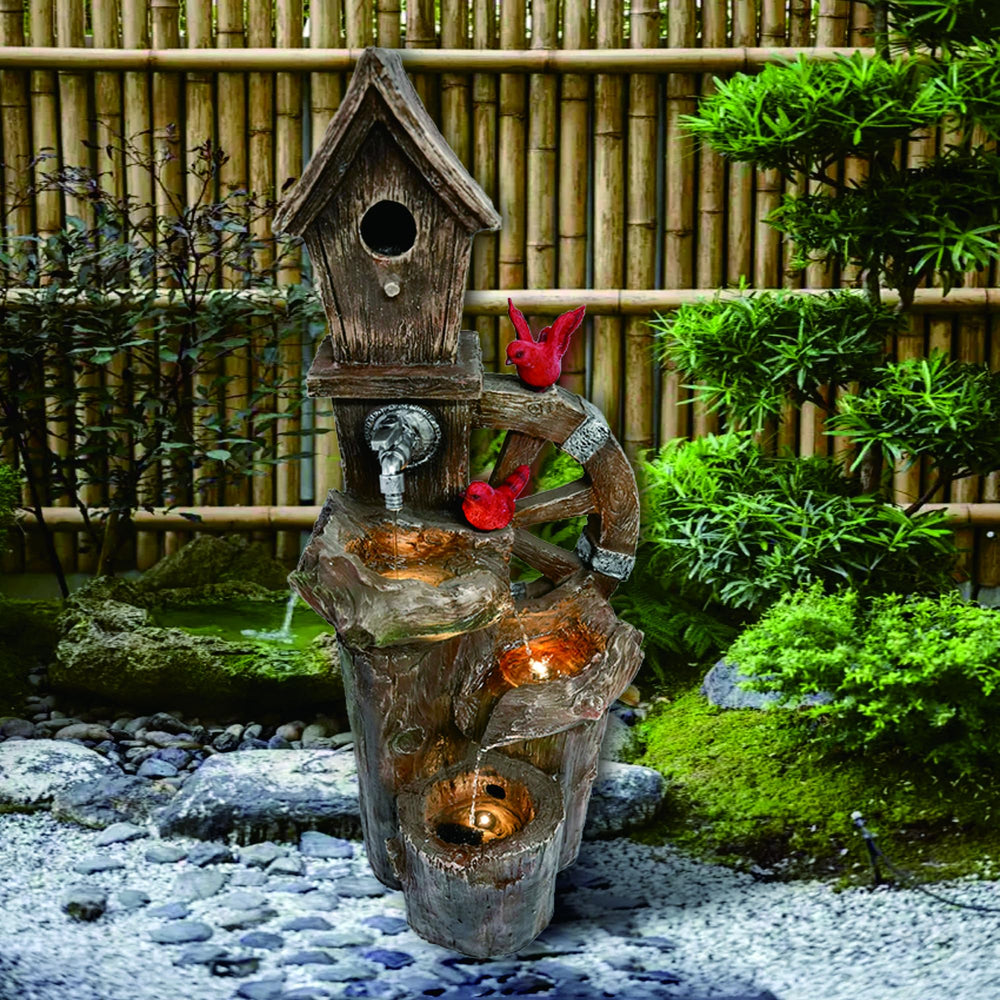 Decorative Garden Birdhouse with Solar LED Lights & Water Wheel