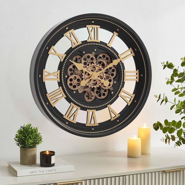 Large Moving Gear Wall Clock – Modern Black & Gold / Antique Champagne