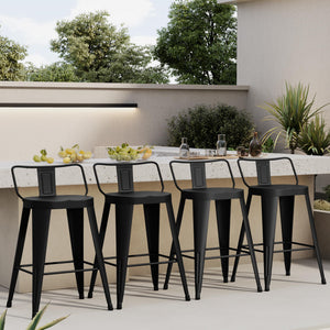 Metal Bar Stools Set of 4 with Back, Indoor Outdoor Counter Height, Matte Black