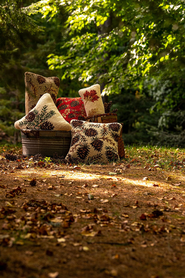 Hand-Hooked Wool Throw Pillow 18x18 – Northwoods Pine Cones, Tan