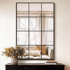 Windowpane Grid Wall Mirror – Black Metal Frame, Multi-Size