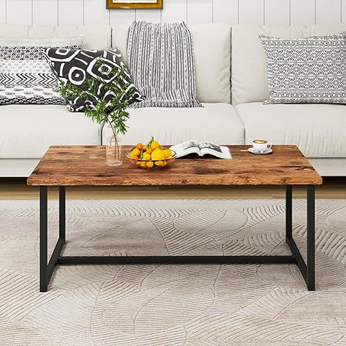 Rectangular Coffee Table with Metal Frame and Wood Top