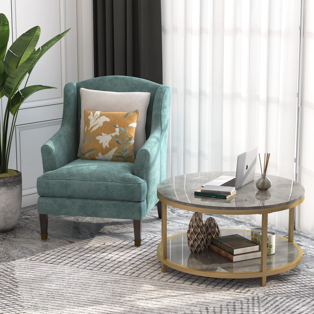 Round Coffee Table with Open Shelf, 33.5" Faux Marble Top, Gold Metal Legs