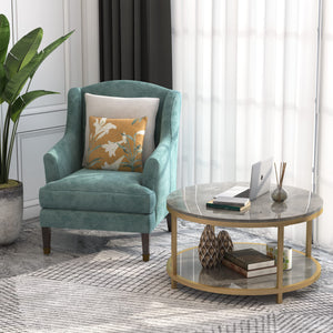 Round Coffee Table with Open Shelf, 33.5" Faux Marble Top, Gold Metal Legs