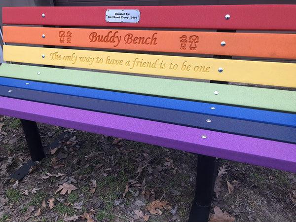 Recycled Plastic Buddy Bench with Friendship Saying – Rainbow