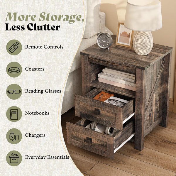 Farmhouse Nightstand Set of 2 with Drawers & Open Shelf
