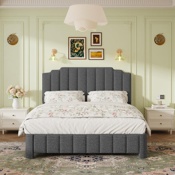 Queen Bed Frame with Adjustable Headboard – Boucle Upholstered Platform Bed