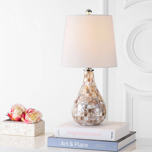 Seashell Coastal Mini LED Table Lamp with White Linen Drum Shade