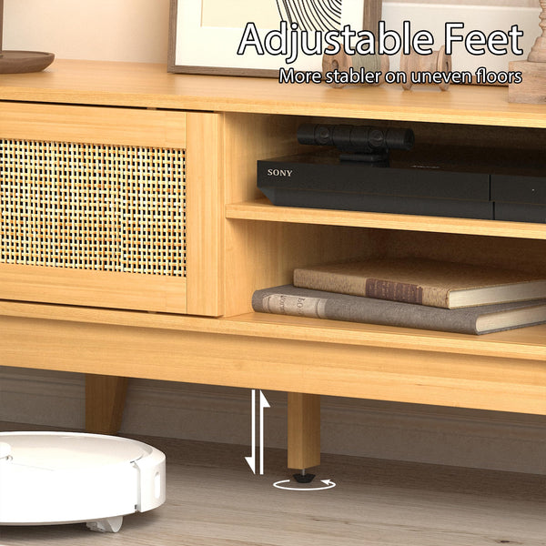 Rattan TV Stand with Sliding Doors & Open Shelves