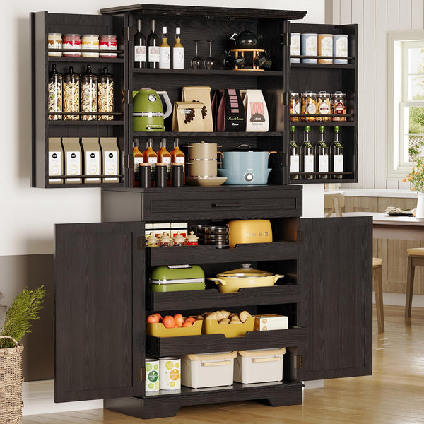 Farmhouse Kitchen Pantry Cabinet with Sliding Racks & Door Shelves