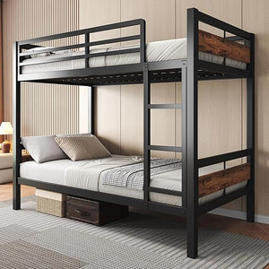 Twin Over Twin Metal Bunk Bed with Ladder and High Guardrail
