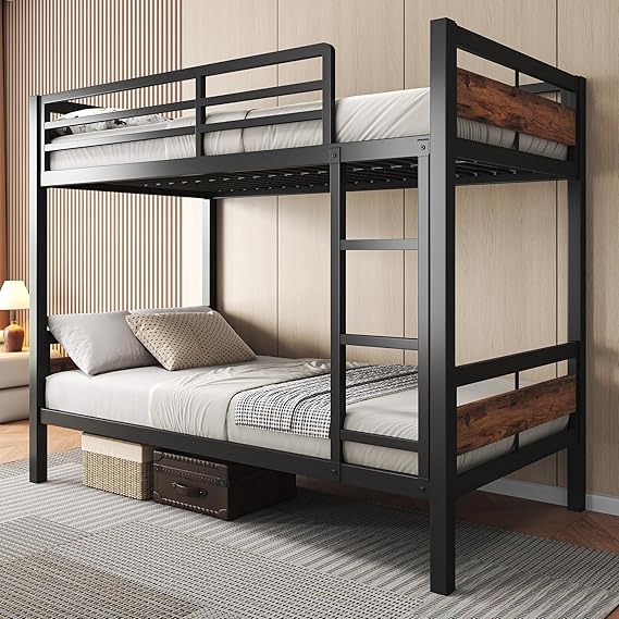 Twin Over Twin Metal Bunk Bed with Ladder and High Guardrail
