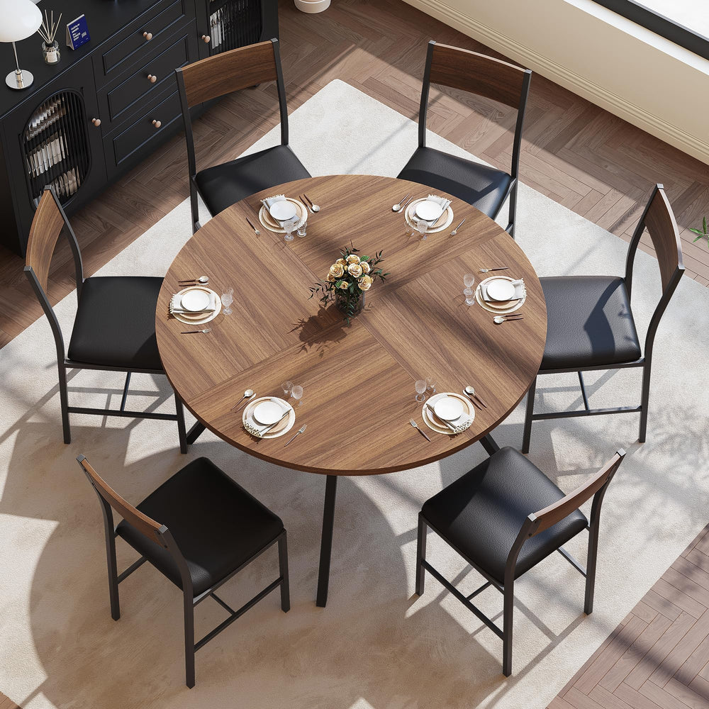 47" Round Dining Table Set for 6 with Chairs, Walnut Wood Grain