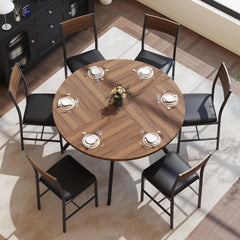47" Round Dining Table Set for 6 with Chairs, Walnut Wood Grain