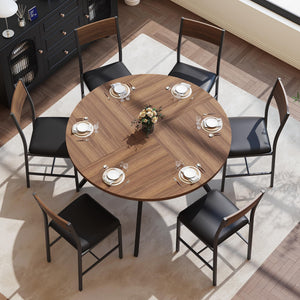 47" Round Dining Table Set for 6 with Chairs, Walnut Wood Grain