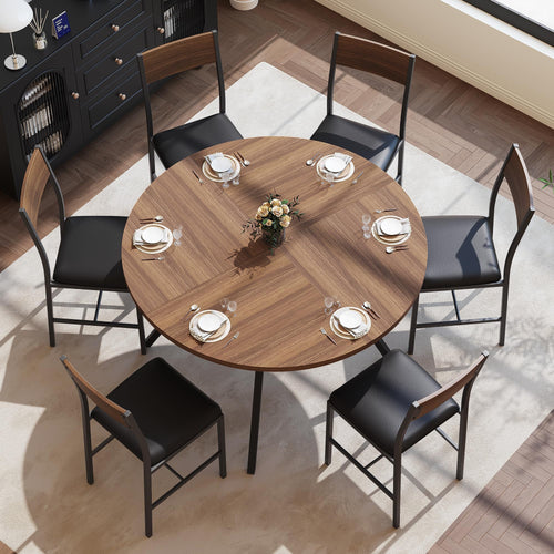 47" Round Dining Table Set for 6 with Chairs, Walnut Wood Grain