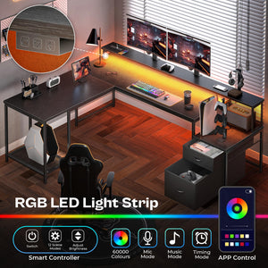 L-Shaped Gaming & Office Desk with LED Lights, Power Outlets, Drawers & Monitor Stand