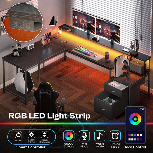 L-Shaped Gaming & Office Desk with LED Lights, Power Outlets, Drawers & Monitor Stand